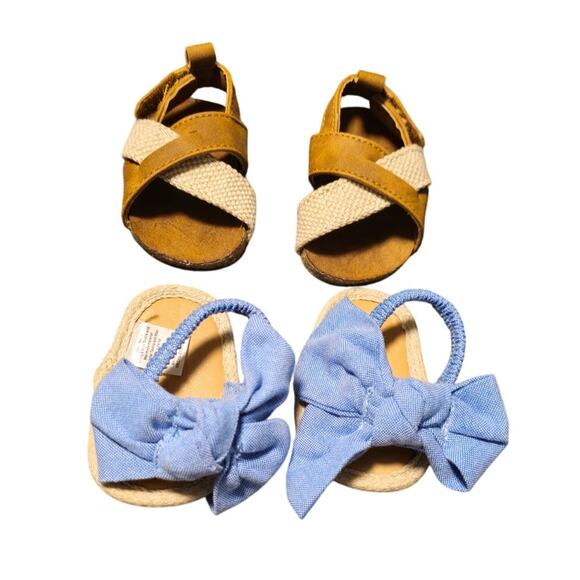 2-Pair Baby Sandals Bundle – Newborn & 0–3M – Neutral Crisscross + Denim Bow - Picture 1 of 10